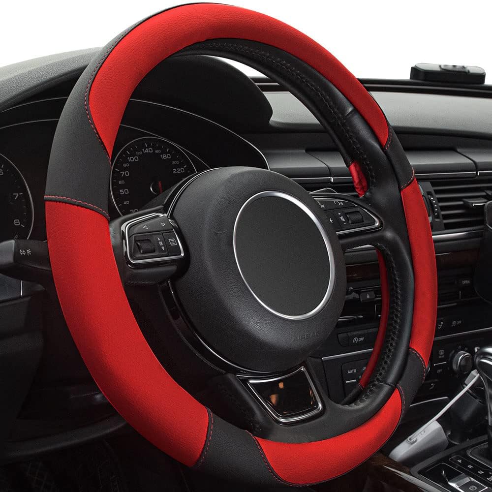 Xizopucy Red Steering Wheel Cover with Microfiber Leather for Car Truck SUV, Anti-Slip Steering Wheel Cover 15 inchs