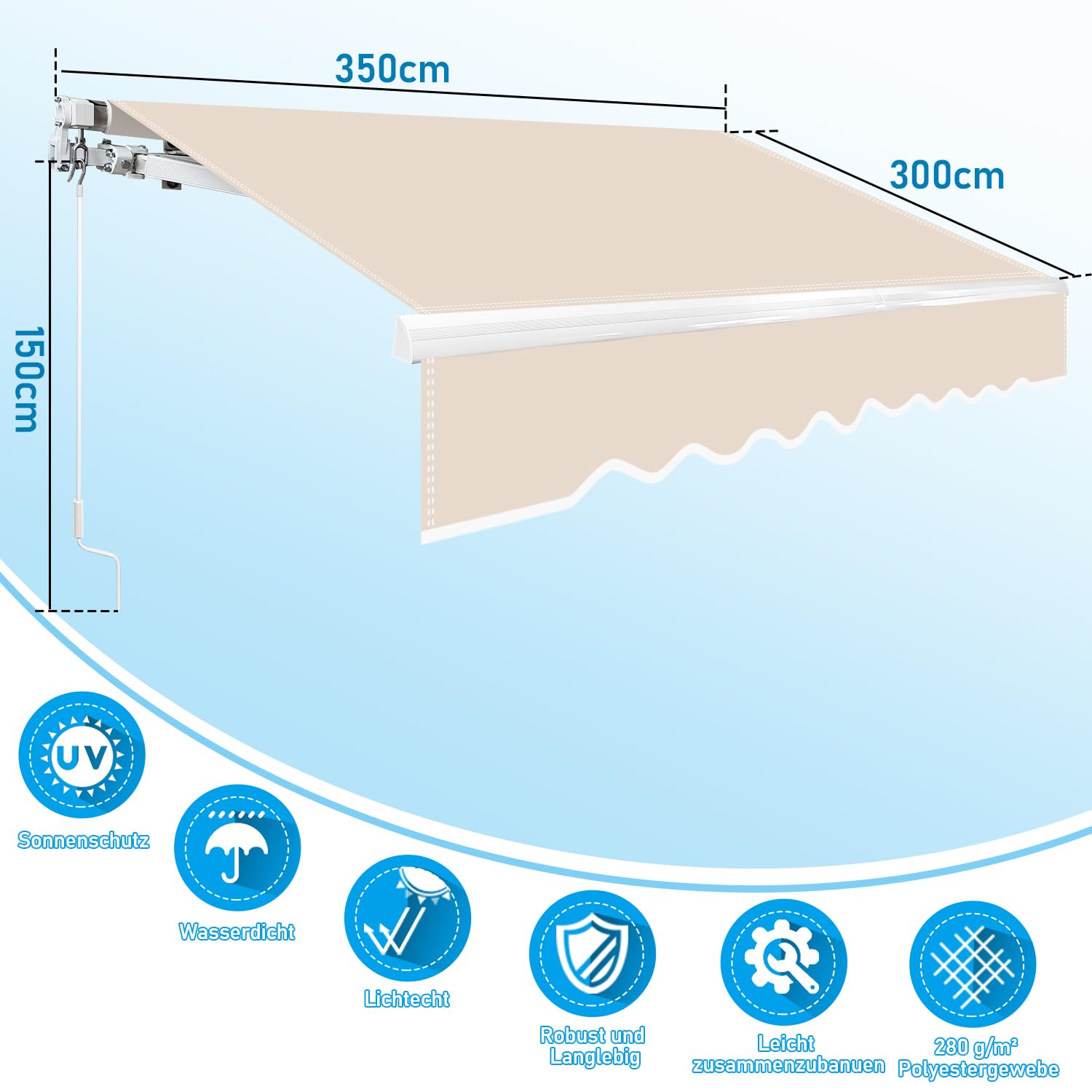 Randaco Gelenkarmmarkise Markise, 350x300cm Beige Balkonmarkise Sonnenmarkise mit Handkurbel, Neigungswinkel bis 30 Grad, Terrassenmarkise