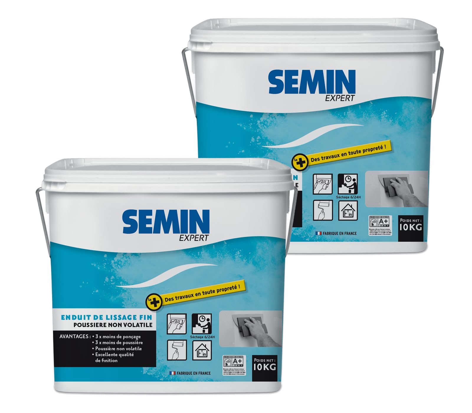 SEMIN Enduit de Lissage 2 X 10 kg Prêt à l'Emploi – Finition Murs et Plafonds Intérieurs – Poussière Maîtrisée – Ponçage Réduit – Excellente Qualité de Finition – Fabrication Française