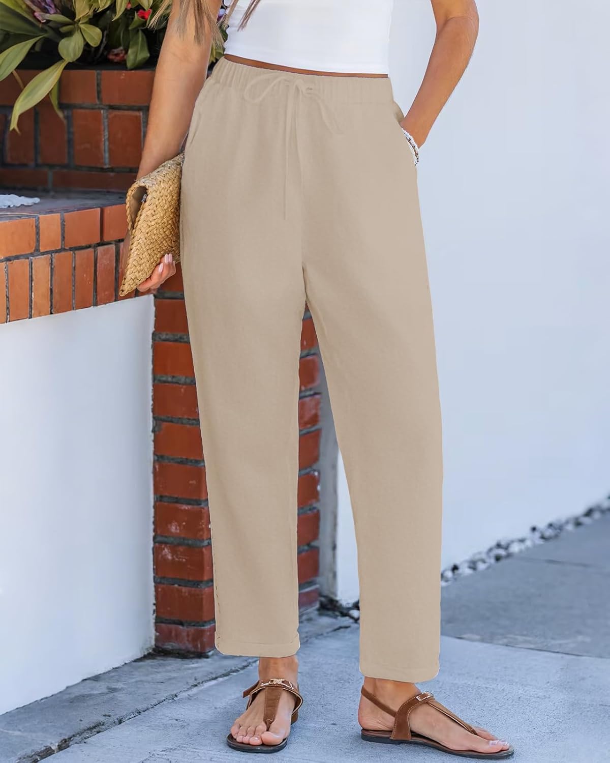 Women Linen Pants Capri Pants Petite Loose Fit Elastic Drawstring Pajama Summer Beach Vacation Pants for Women - Image 4