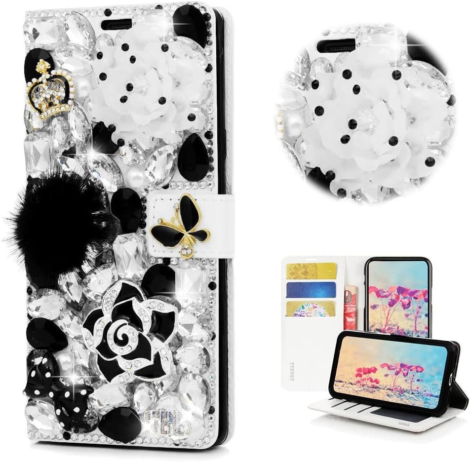 STENES Bling Wallet Phone Case Compatible with Google Pixel 6a Case - Stylish - 3D Handmade Camellia Flowers Crown Bowknot Leather Cover with Neck Strap Lanyard [3 Pack] - Black&White