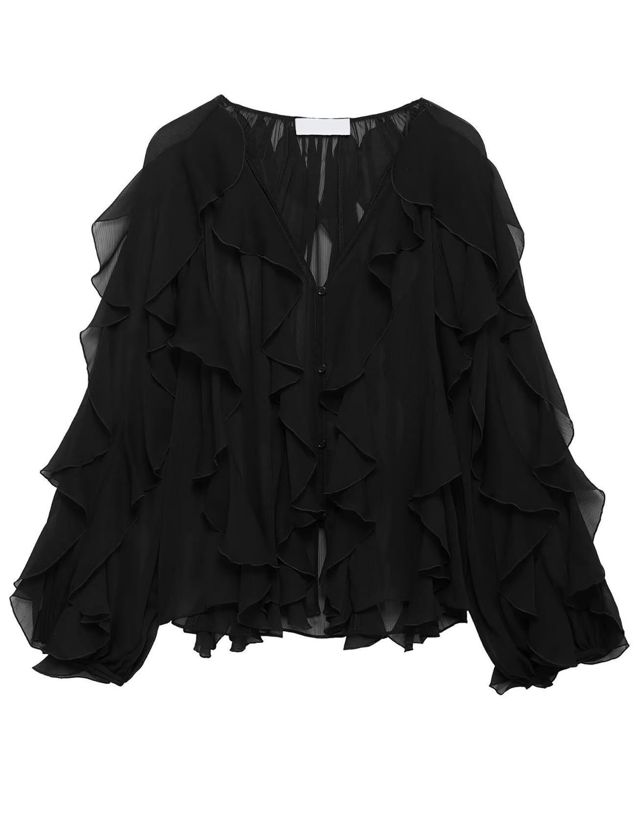 Barley Direct Unisex Black Womens Sheer Ruffle Blouse V Neck See Through Chiffon Ruffled Tops Summer Going Out Tops(,Medium)