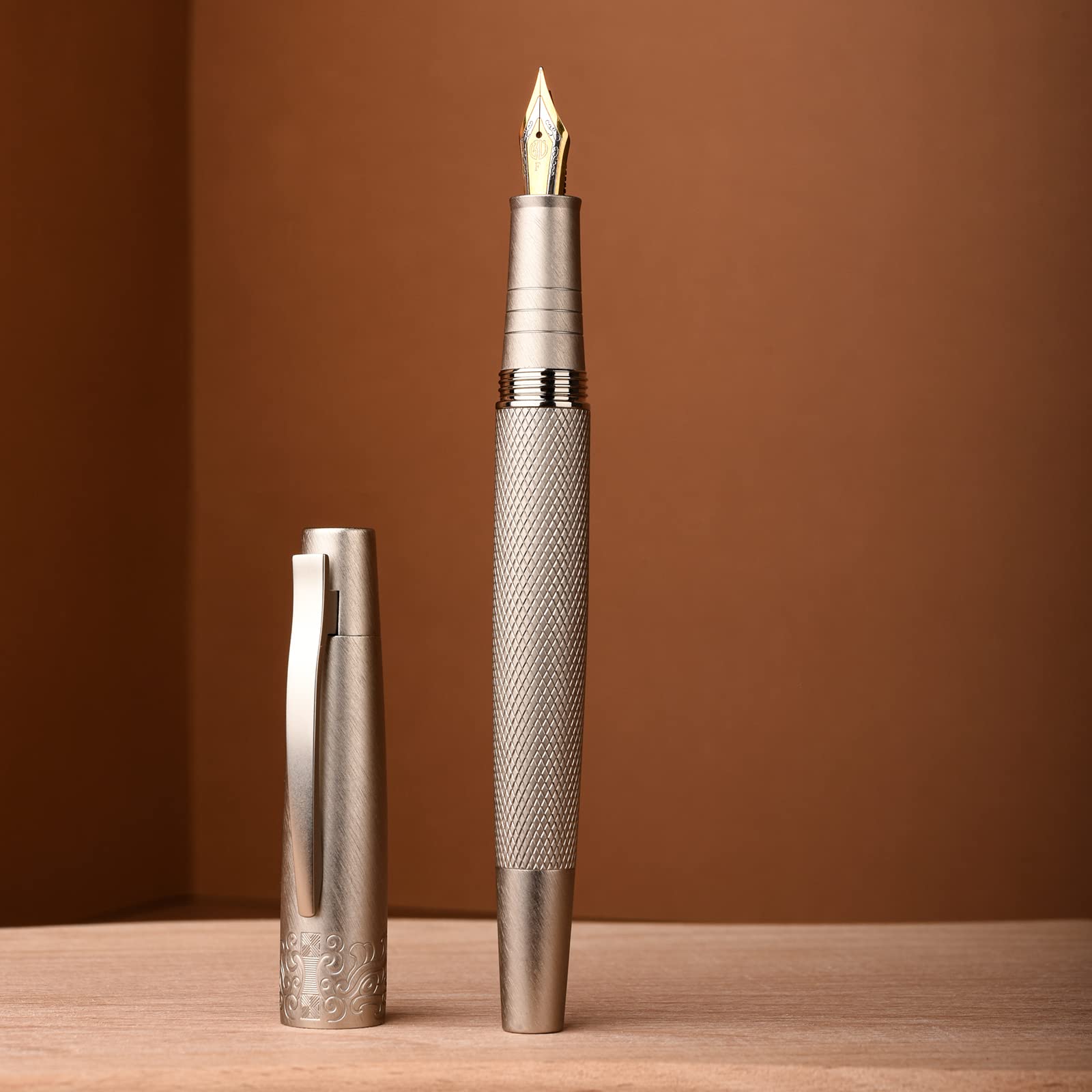 Asvine -Hongdian 6013 Stylo-plume général, stylo à pointe fine en iridium or argent stylo d'écriture en métal massif avec boîtier en métal argenté