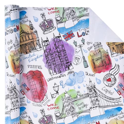 WRAPAHOLIC London Wrapping Paper Roll - Mini Roll - 17 Inch x 16.5 Feet - Colorful England London City Travel Design, Perfect for Birthday, Wedding, City Lover