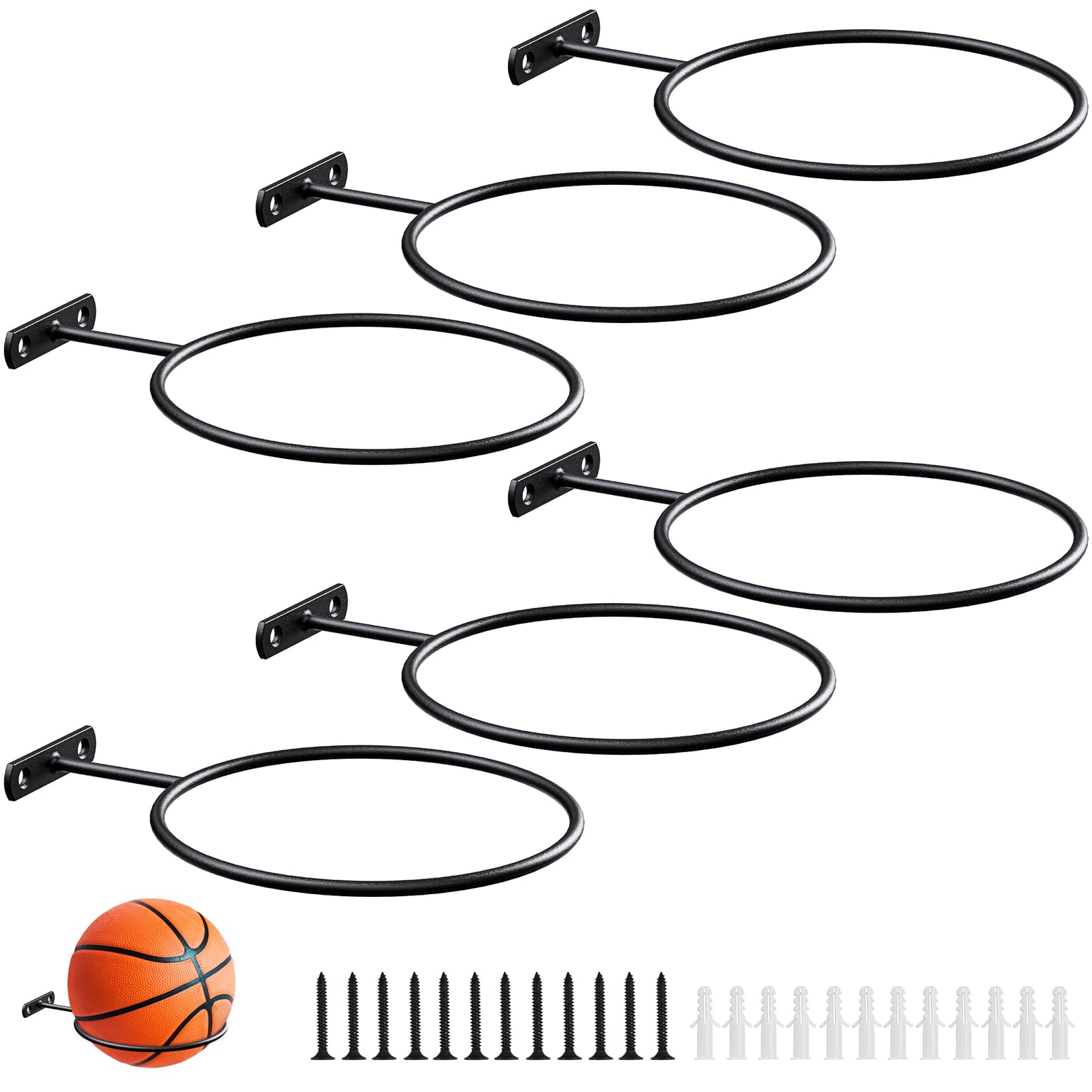 QTJUST Mounted Ball Wall Storage Display Universal Ball Rack Metal Black Rack Holder Space Saver for Basketball Football Volleyball Soccer Storage