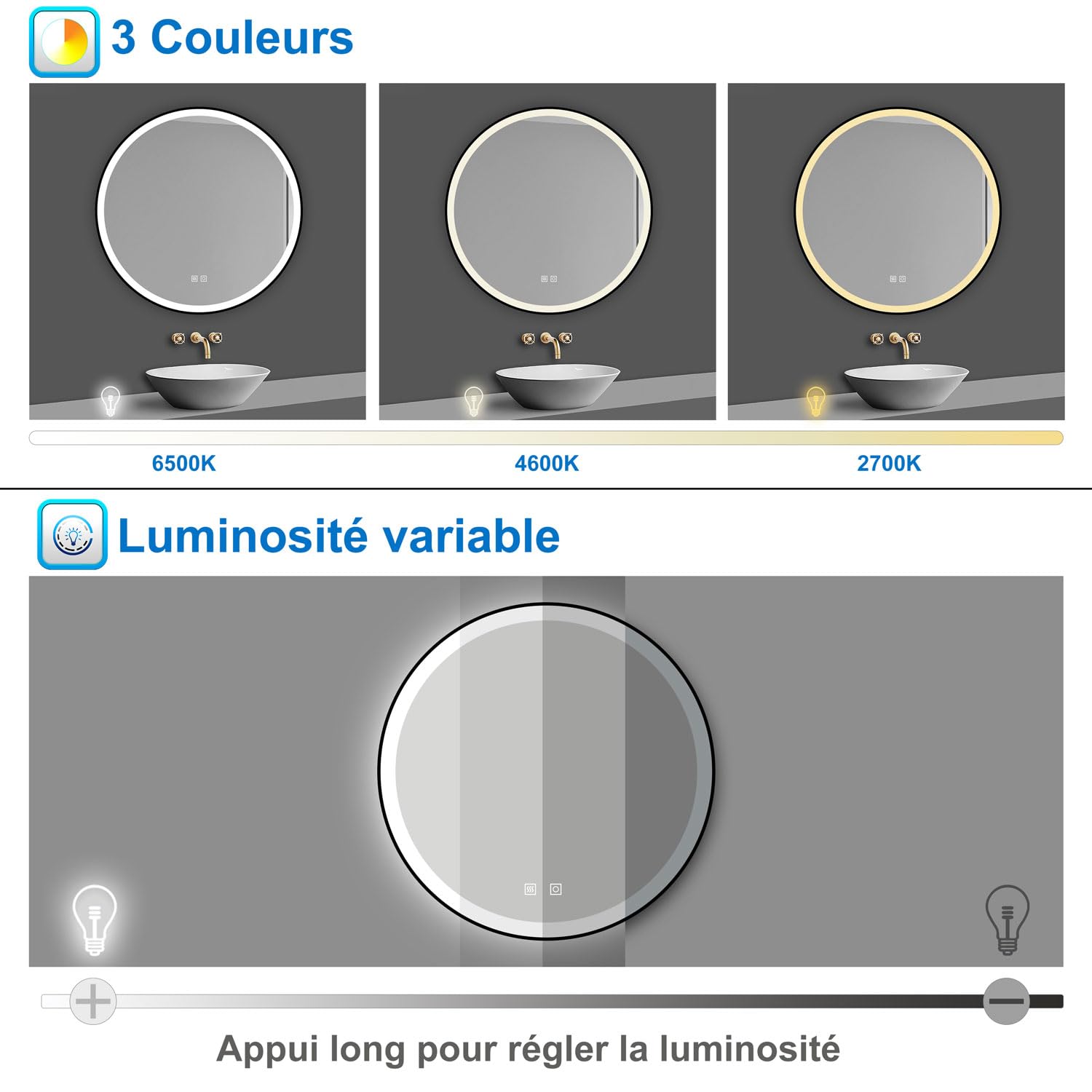Miroir Rond 100 Cm Hauteur Miroir Salle De Bain LED Rond 100cm - Anti