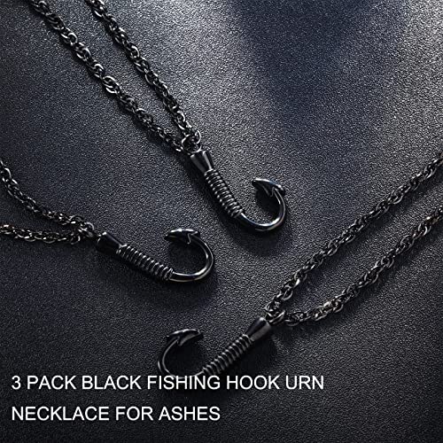 Set of 3 Fishing Hook Urn Necklace for Ashes Black Fish Hook Stainless Steel Cremation Jewelry Ash Keepsake Memorial Pendant for Men Father Day4