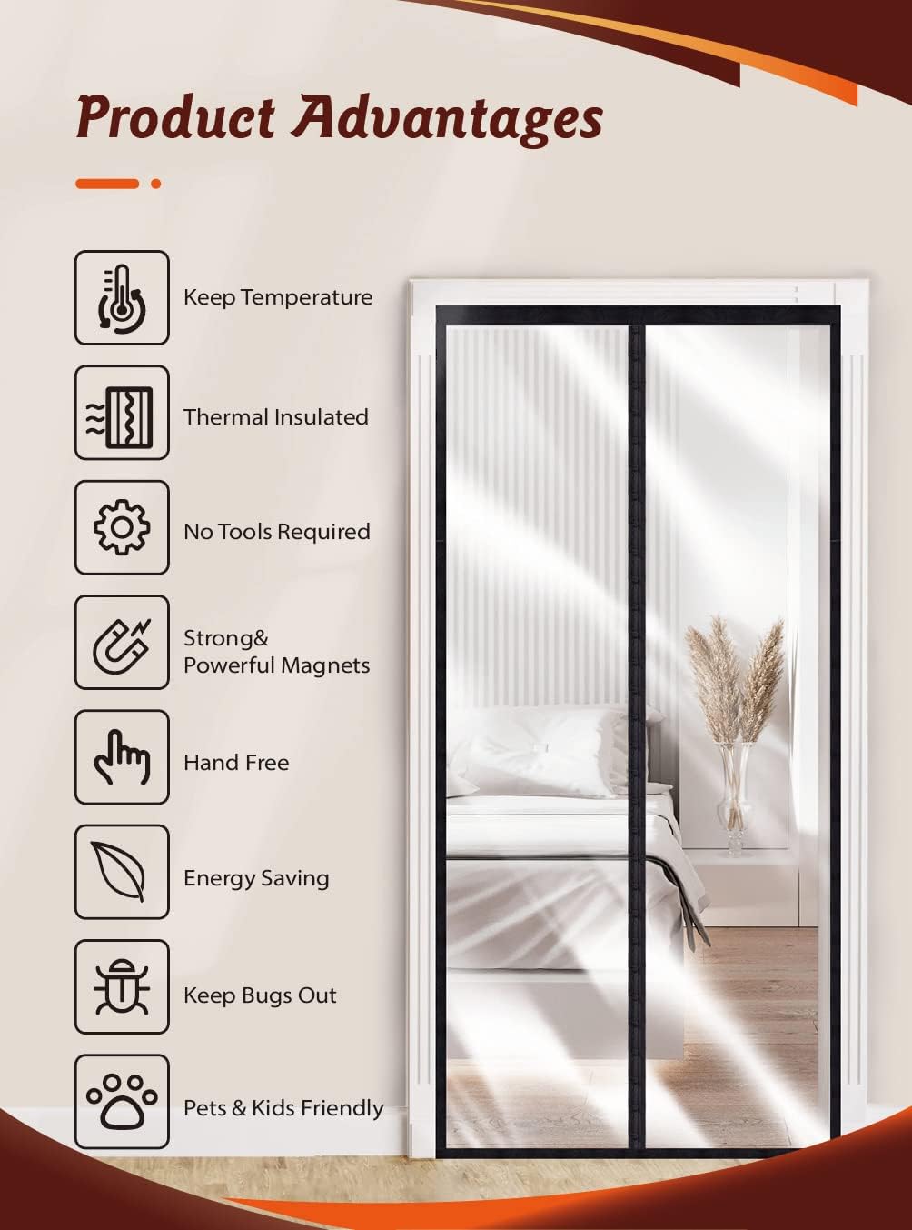 Thermal Insulated Door Curtain, Magnetic Upgraded-EVA Door Cover Curtain, Self-Sealing Temporary Door Keep Warm in Winter Cool in Summer for Air Conditioner Heater Room Home (Fits Door Size 34" x 82") - - 