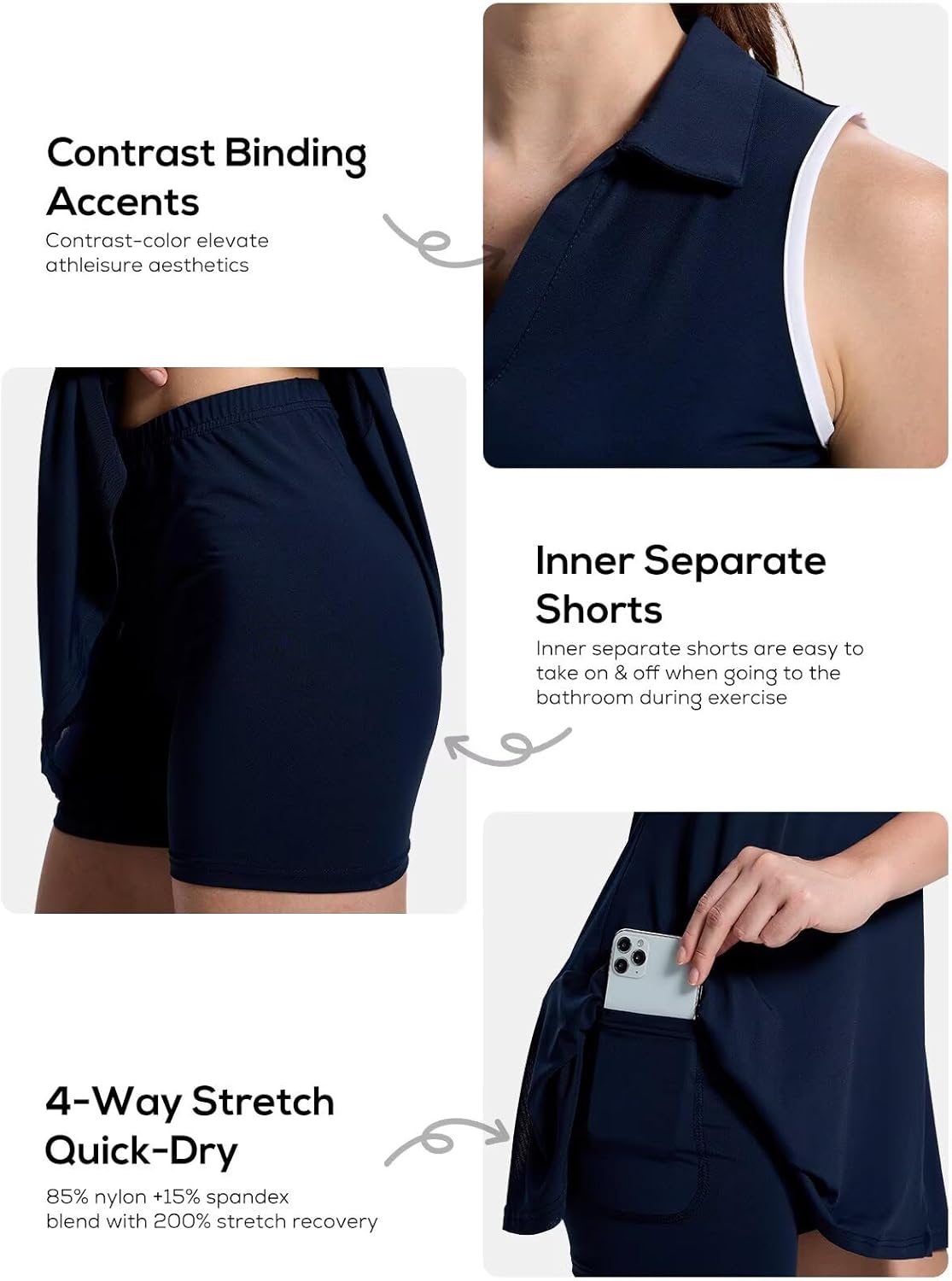 Women's Tennis Dress with Removable Pocket Shorts, Dual V/Polo Collar & Flowy Mesh-Panel Dress for Golf Yoga Workout