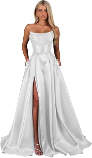 Strapless Corset Prom Dresses for Women with Slit Long Satin Formal Evening Gowns with Pockets