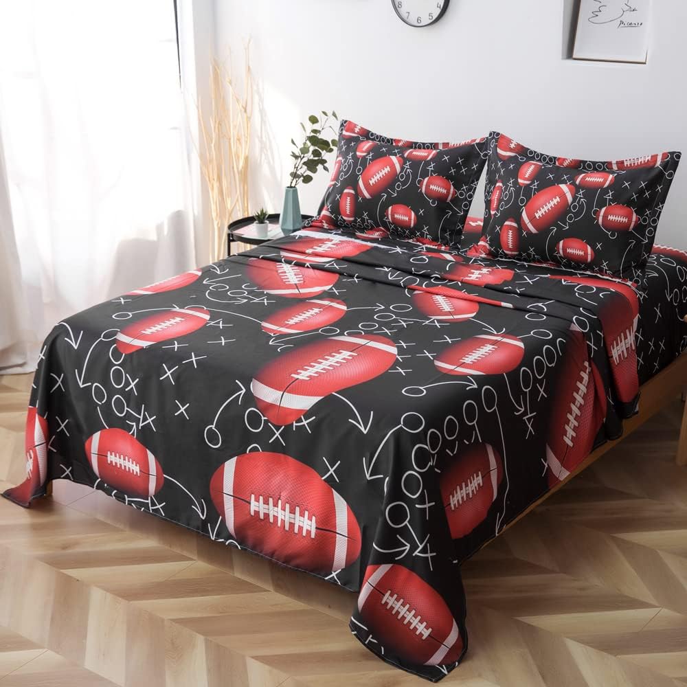 ADASMILE A & S American Football Sheets Twin for Boys Kids Sports Bedding Set Rugby Sheet Set Red Black White Design Ball Games Bed Cover with Pillow Sham Soft Microfiber Bedroom Decor Gift for Boys - Image 2