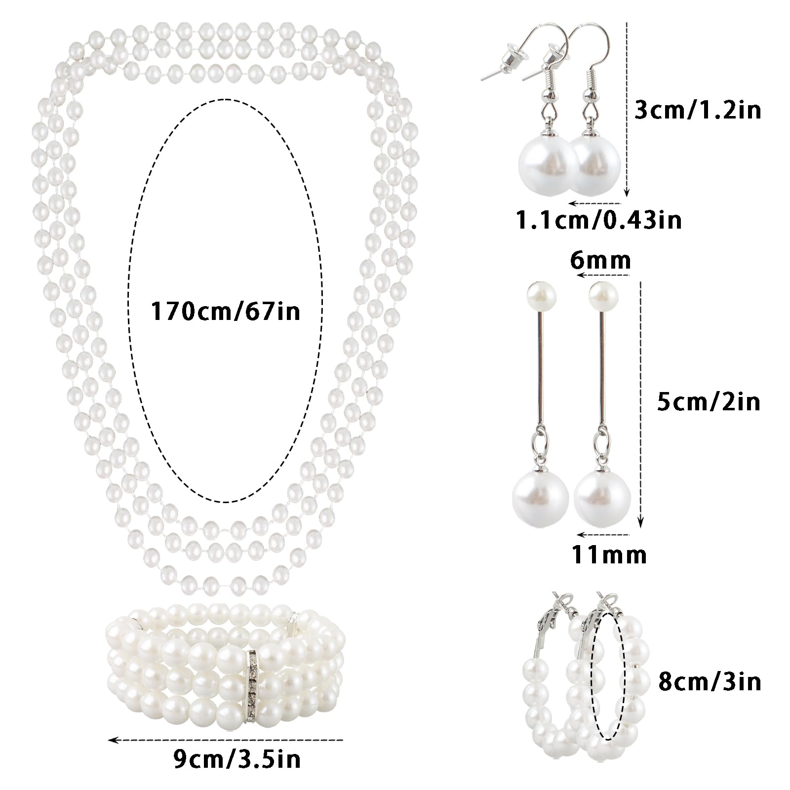 19 Pcs Pearl Necklace & Earrings Set - Faux Pearl Bracelet & Costume Jewelry for Wedding & Gift