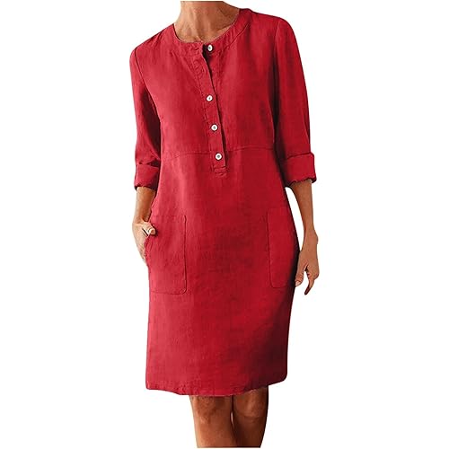 Women's Half Button Down Cotton Linen Dress Long Sleeve Fall Casual Crewneck Knee-Length Dresses with Pockets
