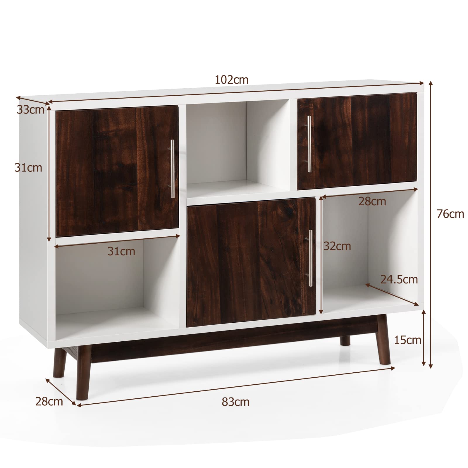 COSTWAY Houten dressoir, opbergkast met 3 open vakken en deuren, 120 x