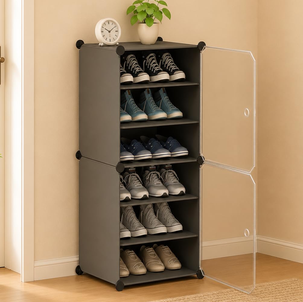 Sunderlook Shoe Rack Plastic for Home- Shoe Stand, Chappal Stand, Professional Multipurpose Foldable Standing Comfort Runner Shoe Rack with Door, Slipper Stand (Charcoal Grey, 6 Shelf 2 Door)