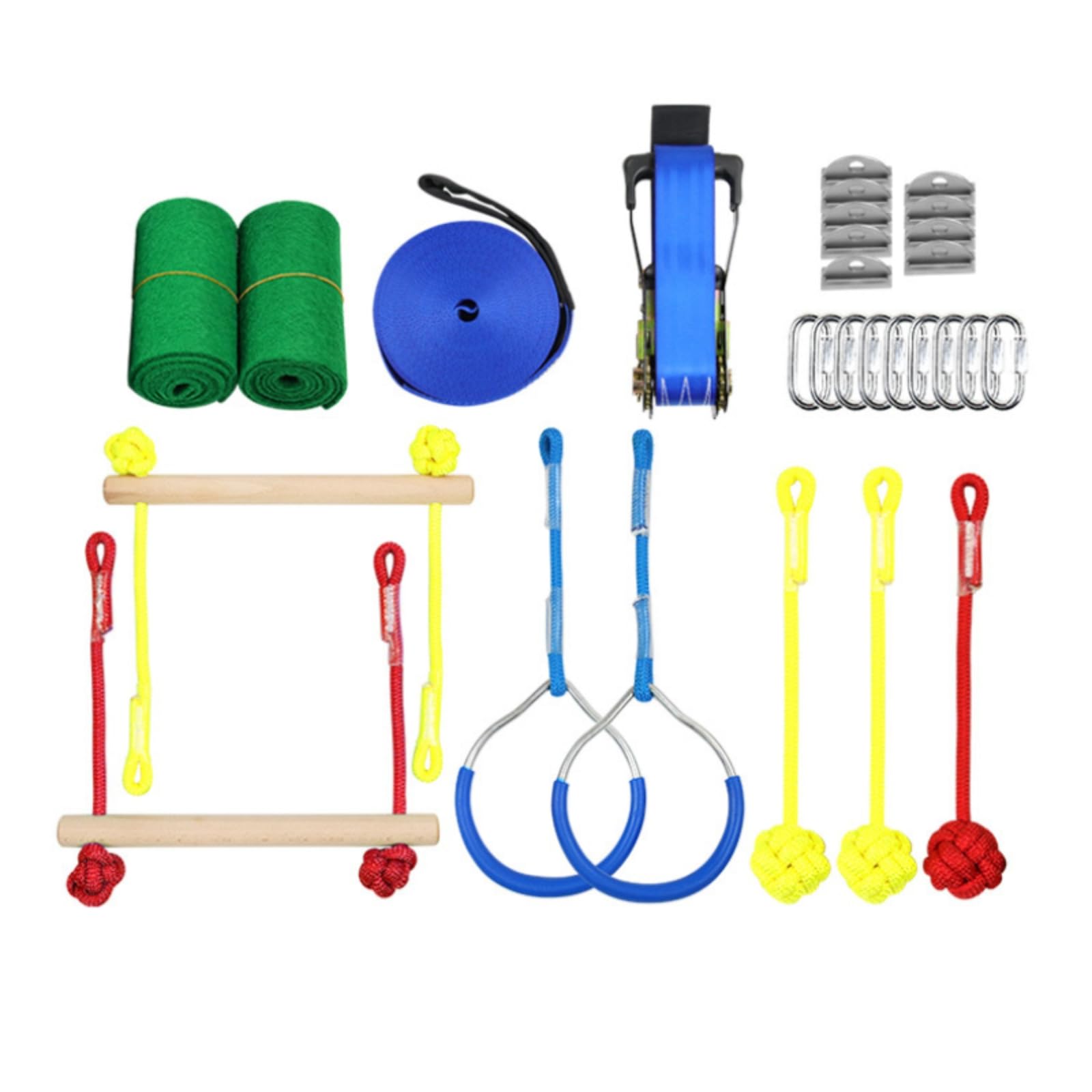 Harilla Entrenador de Equilibrio Infantil Kit de Slackline Línea de Obstáculos Barra de Madera Cuerda con Carabinas Metálicas para Coordinación y