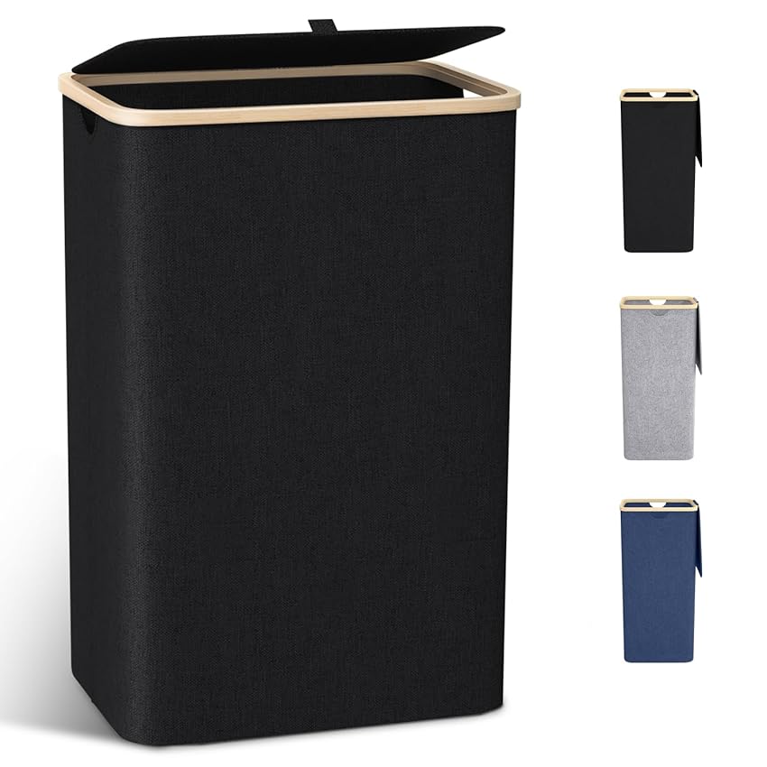 Cesto Portabiancheria Grande,con Coperchio,per Panni Sporchi XXL 100L con Manici in Bambù,Pieghevole per Bagno o Lavanderia Vestiti, Giocattoli