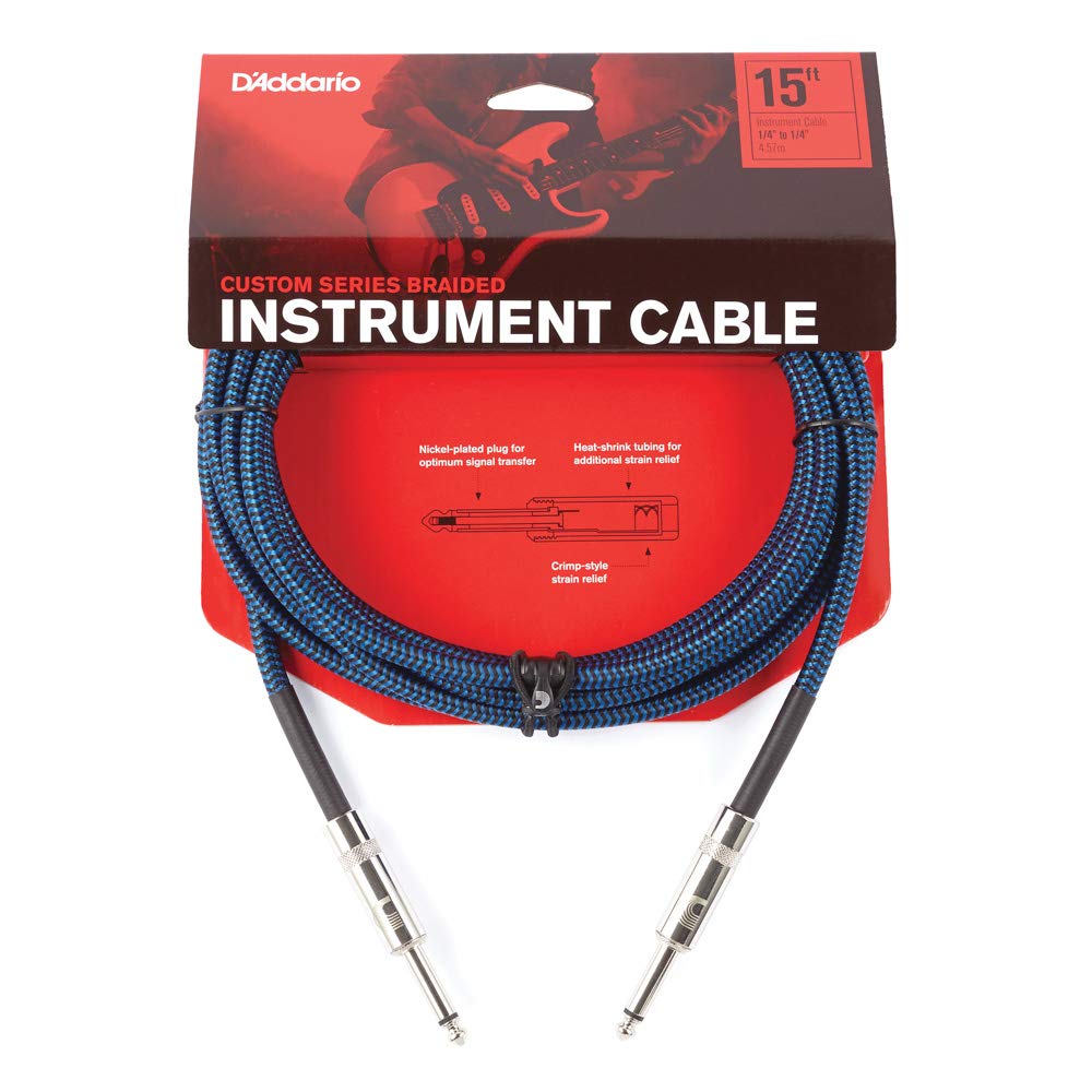 D'Addario Guitar Cable - Guitar Lead - Instrument Cable - Guitar Accessories - Braided Cable - 15 Feet/4.57 Meters - Blue - 1 Pack