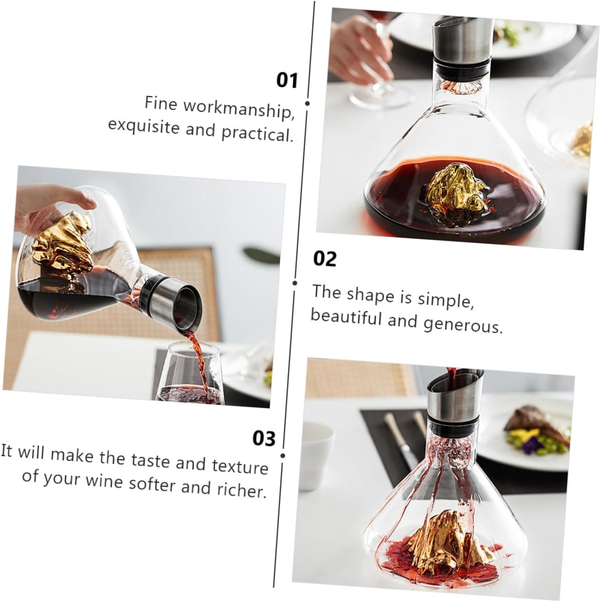Gold Crystal Wine Decanter 1500ml Handheld Fast Aeration Decanter with Inclined Mouth for Home Dining and Entertaining
