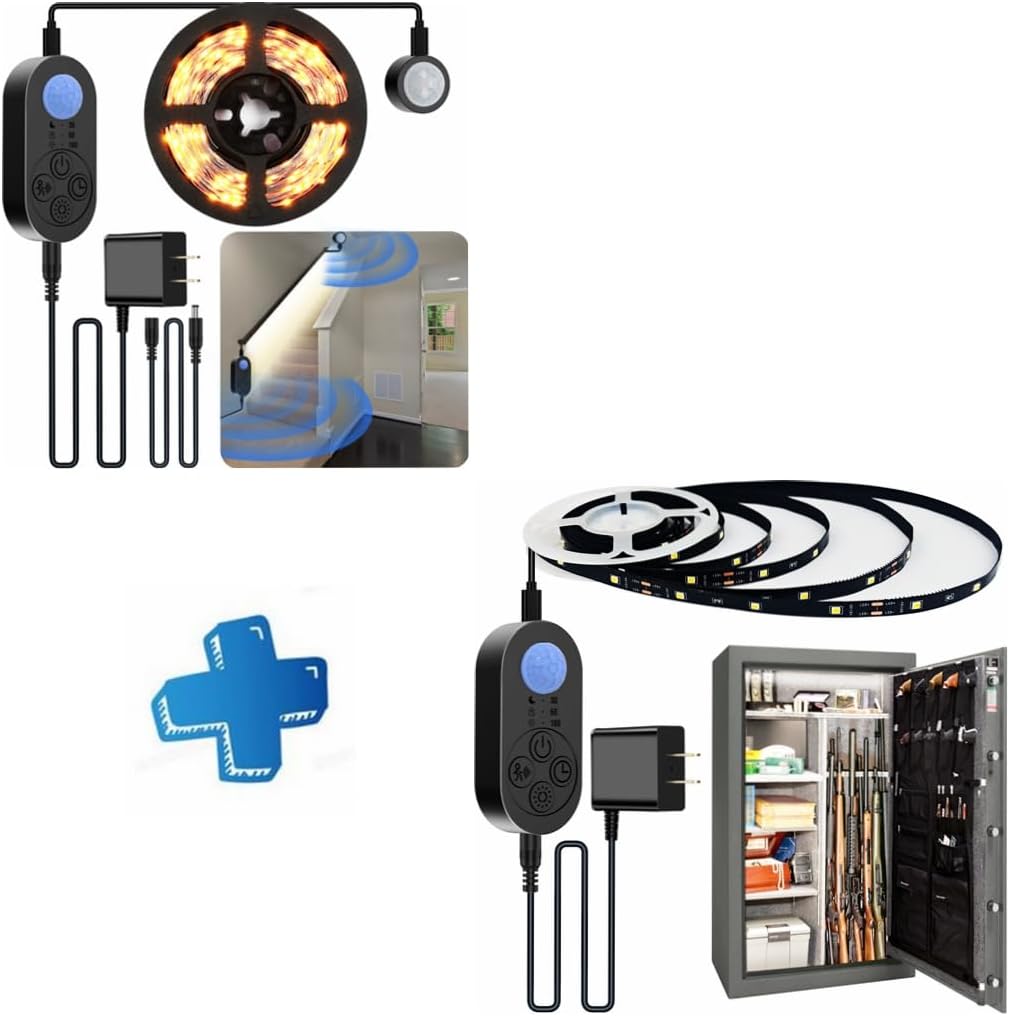 Bundle Products: Dual Sensor Stair Strip Light Indoor (16.4FT Warm White) + Single Sensor Gun Safe Lights (9.84FT Cold White) - Plug-in Motion Activated LED Strip Light