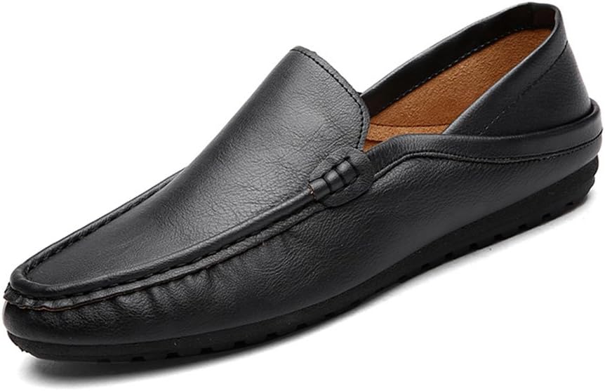 XiaoYouYu Men's Comfortable Slip-on Loafers Leather Driving Shoes Black, 9 UK