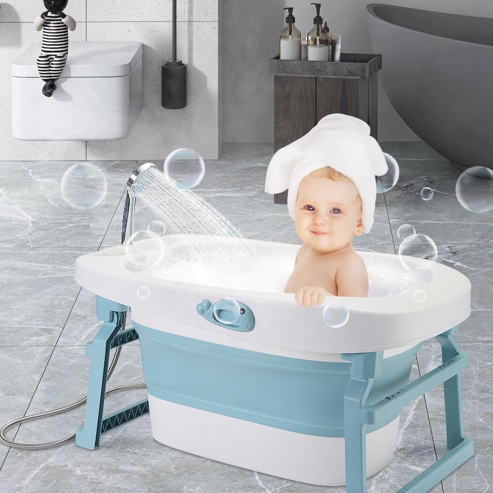 Gran bañera plegable para bebé con asiento de ducha, ducha para bebé, XXL, patas antideslizantes, tapón de drenaje -3 en 1 (azul, 85,3 x 55,5 x 43,7 cm)