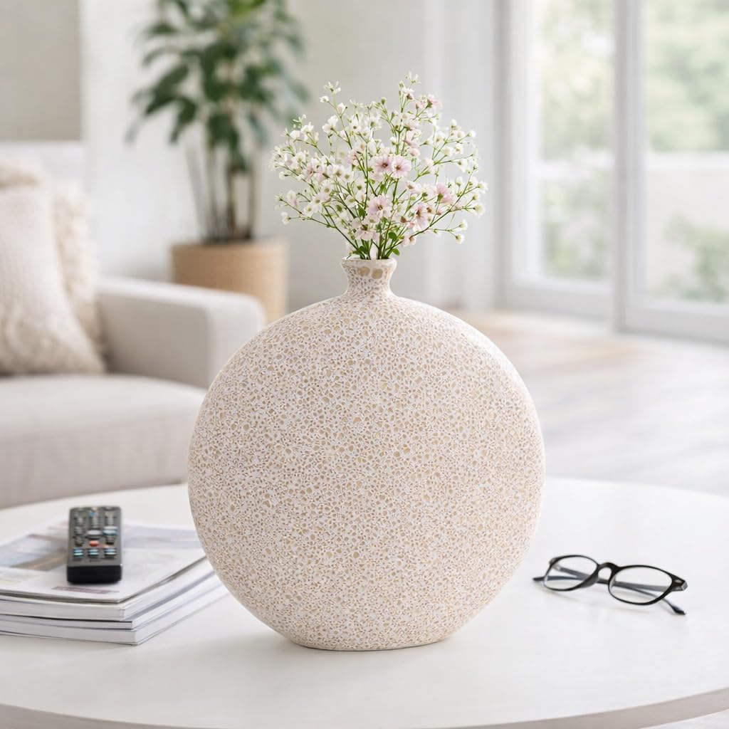 Contemporary Round Disc Vase for Living Room and House Decor - Decorative Speckled Home Display in Any Room - Sculptural Flower Vase for Bedroom, Office, and Table Arrangement - 12", Cream