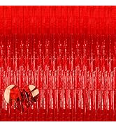 4 Pack 3.2Ft x 9.8Ft Red Fringe Curtain Backdrop, Metallic Tinsel Foil Fringe Streamers Curtains ...