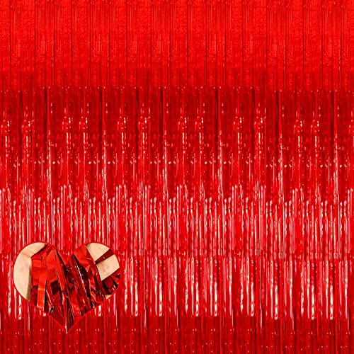 Image of 4 Pack Red Fringe Curtain Backdrop, 3.2Ft x 9.8Ft Metallic Tinsel Foil Fringe Streamers Background for Photo Booth Birthday Wedding Baby Shower Carnival Easter Mother's Day Party Decorations