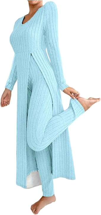 Oplxuo Women 2 Piece Sets Long Sleeve Side Split Long Shirt and Pants Soft Ribbed Knit Lounge Outfits Matching Winter Outfits