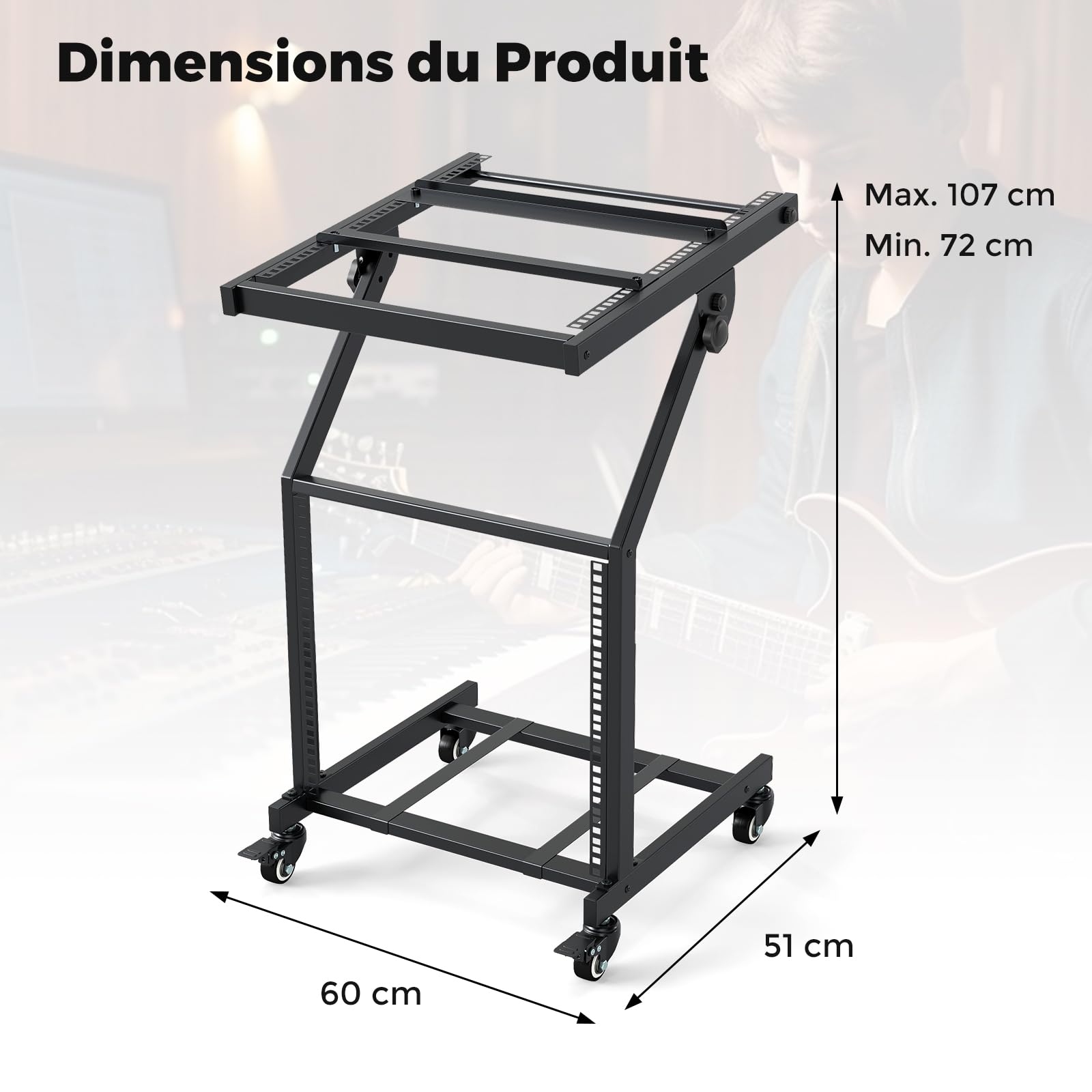 COSTWAY Rack Audio Professionnel à 2 Niveaux, Support pour Table de Mixage DJ 9U avec Barres Transversales Réglables roulettes Verrouillables, Chariot de Scène à roulettes pour Studio Bureau