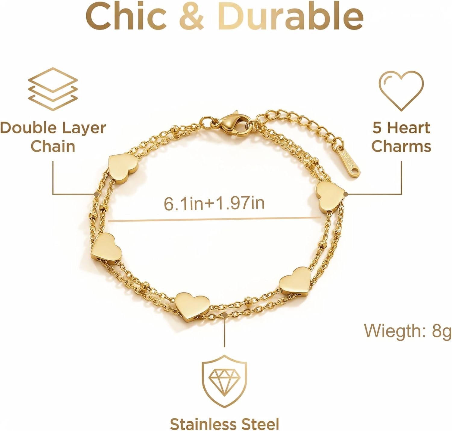 Ladies' Gold-Tone Heart Bracelet - Adjustable Double Layer Chain with Beaded Heart Pendant - Stainless Steel Gift for Women, Mom, Friends - Image 3