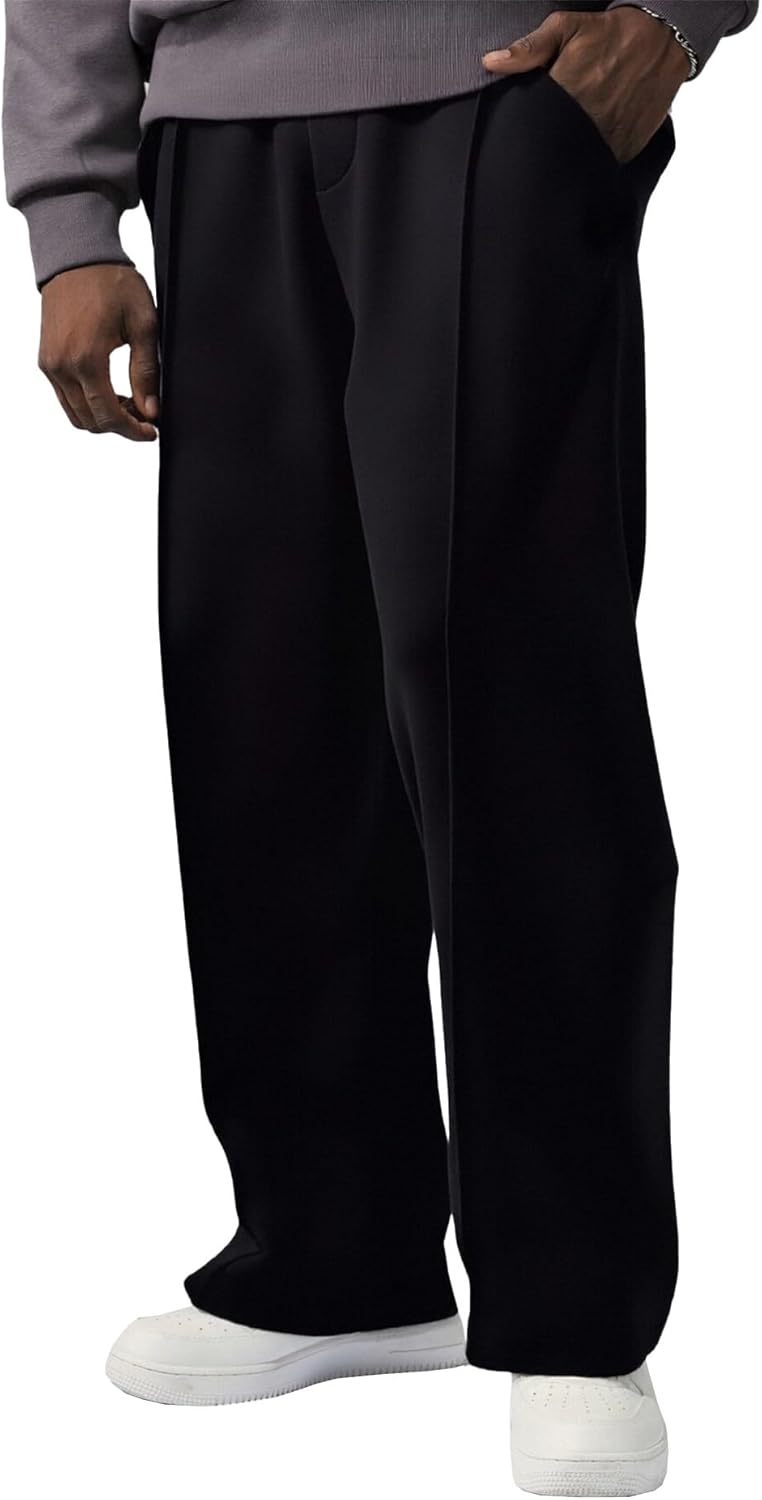 Fioboc Men's Baggy Sweatpants Wide Leg Pants Drawstring Elastic Waist Curved Design Casual Pants with Pockets