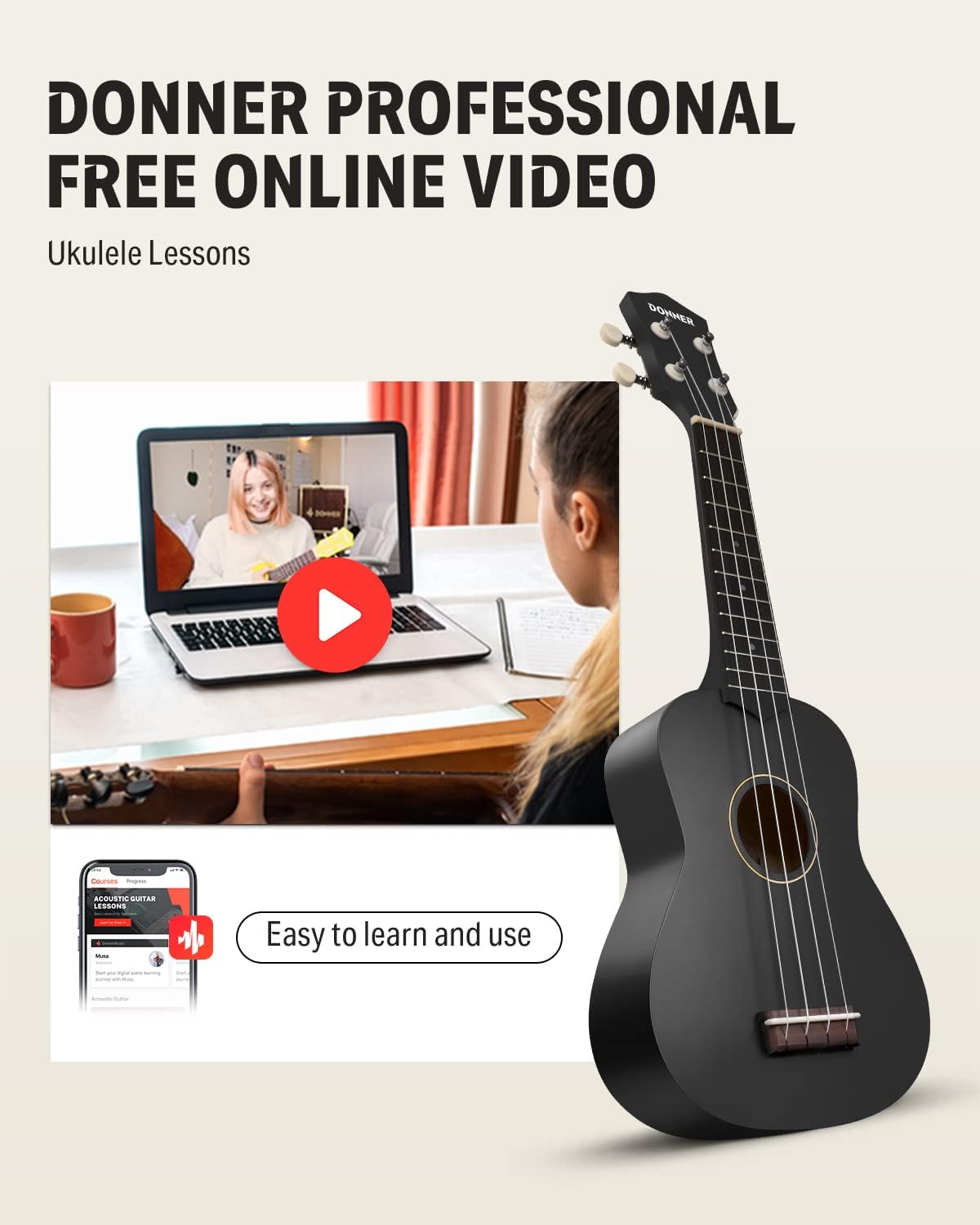 Donner Soprano Ukulele for Beginner 21 Inch Matte Ukulele Beginner Kit with Bag Strap Tuner Strings Picks Cloth, Free Online Lessons, Holiday Christmas & Birthday Gift (Black)