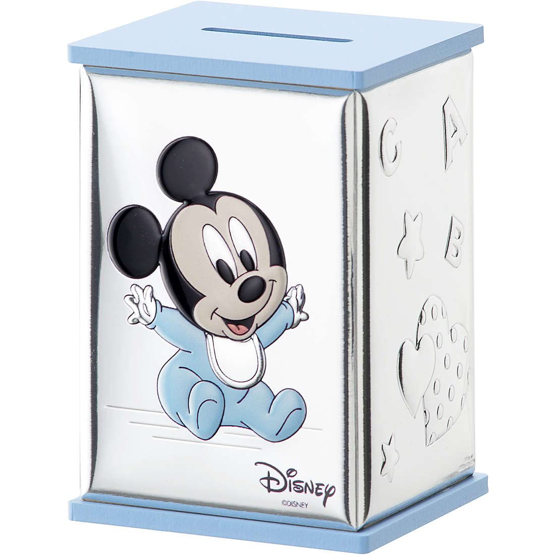 Salvadanaio da bambino di Valenti. Salvadanaio in legno e miro silver. Soggetto: Baby Mickey. Dimensione: 8X8X11,5 cm. La referenza è D545 C