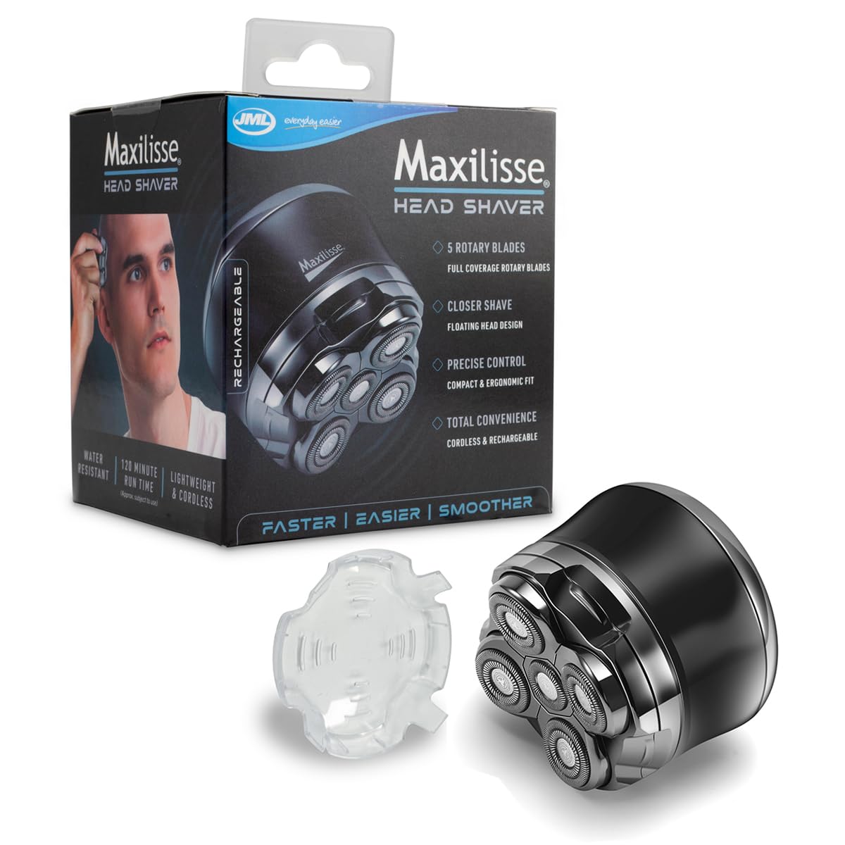 JML Maxilisse Head Shaver for Men - Maquinilla de afeitar eléctrica con 5 cabezales flotantes | Afeitadora de cabeza recargable inalámbrica con agarre ergonómico y cómodo, afeitado suave ultra cercano, diseño ligero