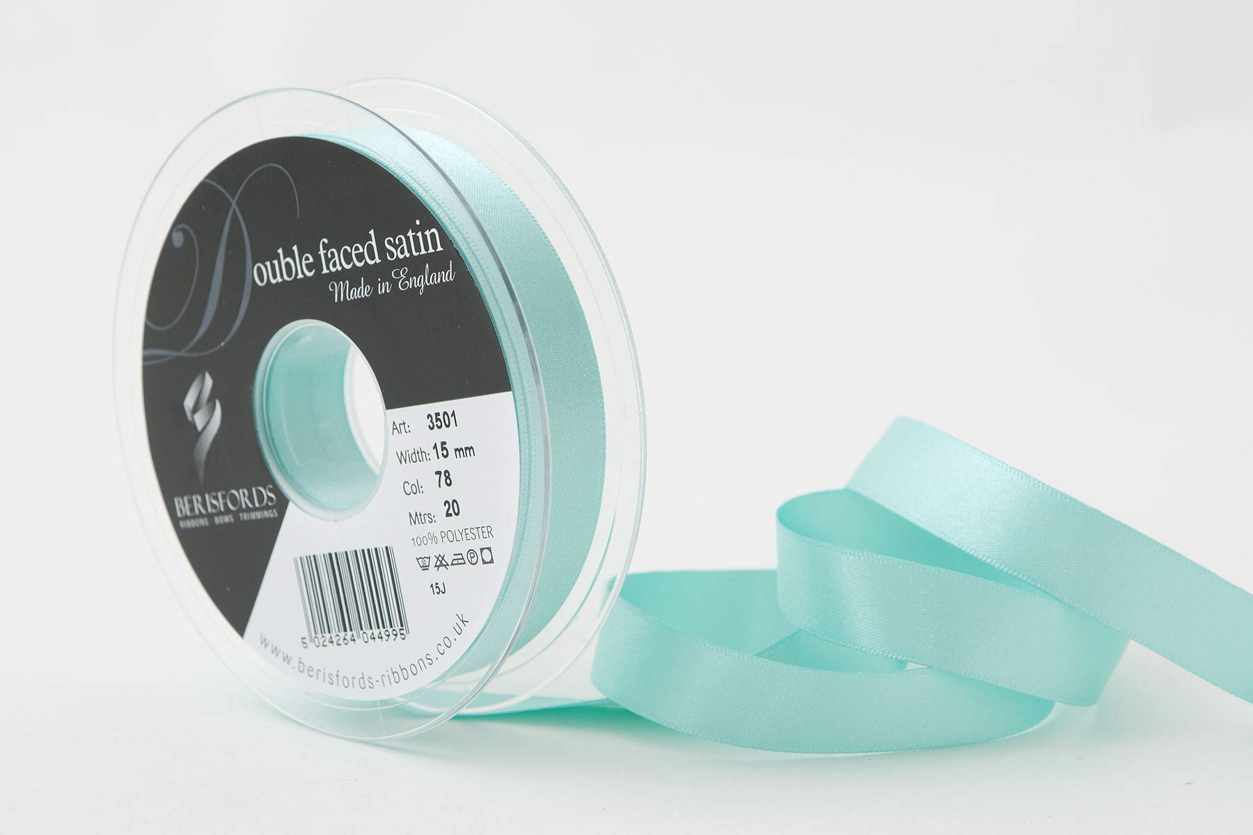 Berisfords Double FACE Poly Satin Ribbon, Aqua, 15 mm