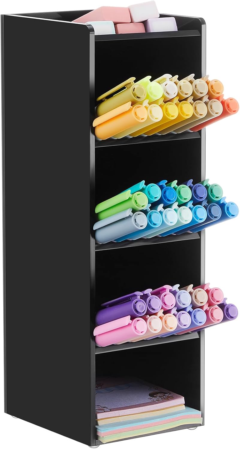 Acrylic Pen Organizer Storage Vertical Marker Organizer Acrylic Pen Display Holder for Office Desk Desktop Stationery Pencil Storage (Black,3.4 x 4 x 10.2 Inch)