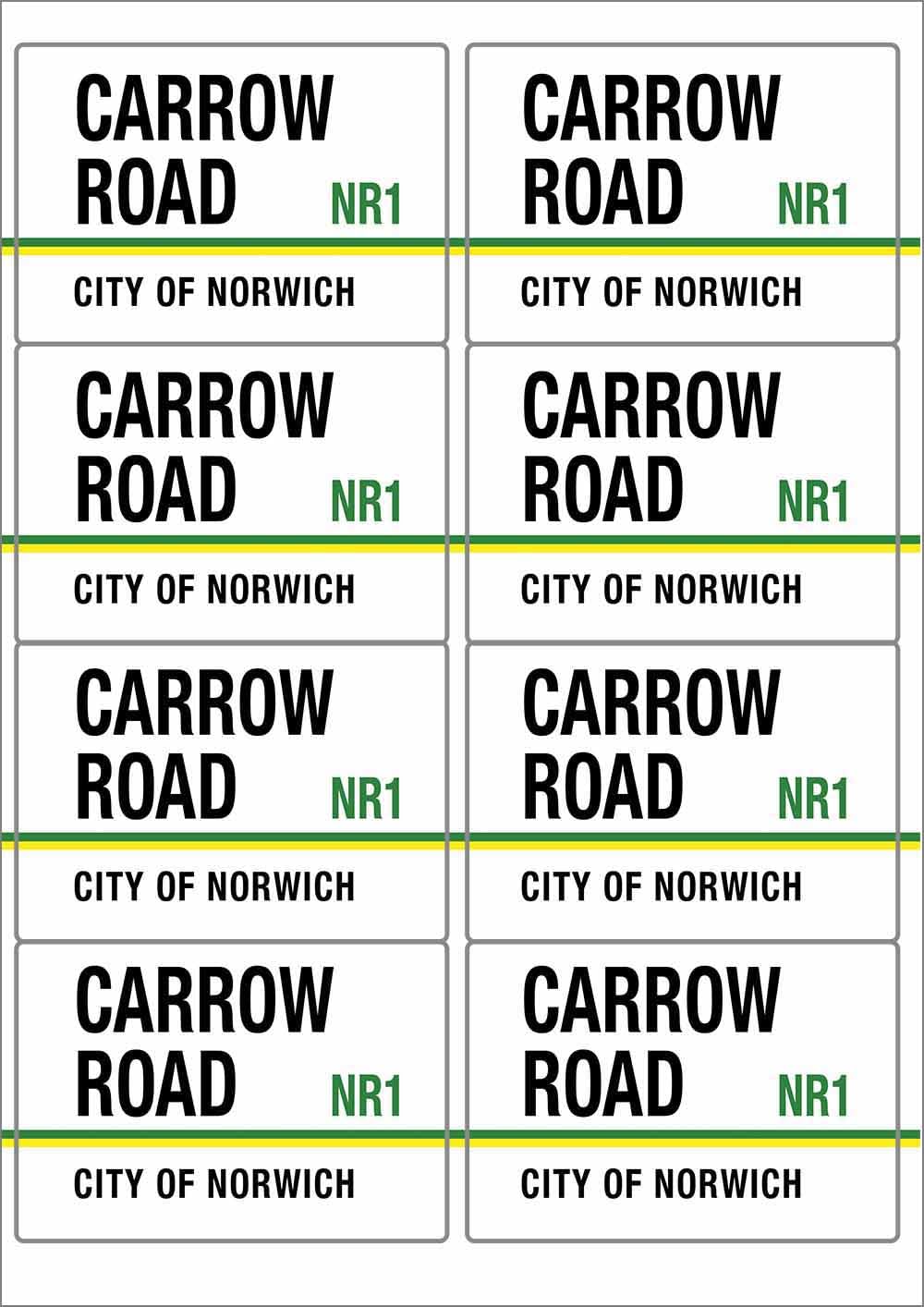 Carrow Road NR1 City of Norwich Road Sign Rectangular Matt Paper Stickers A4 Sheet of 8 (Each Sticker is 99mm x 68mm)