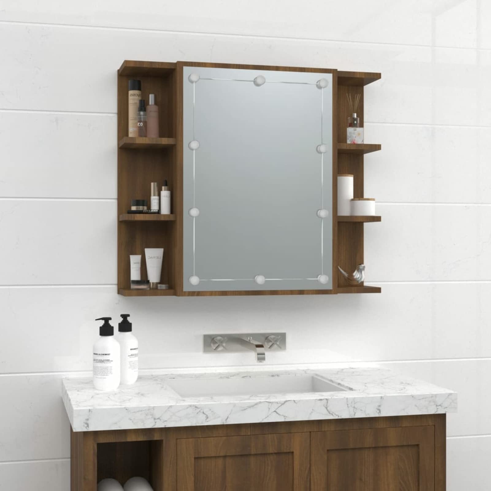 Mobile a Specchio con LED Rovere Marrone 70x16,5x60 cm,Mobile Specchio,Armadietti a Specchio Bagno,Mobile Specchio Bagno