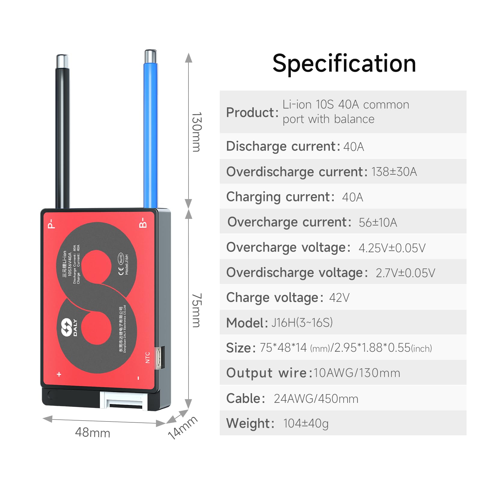 DALY Carte de Protection 3S-24S BMS 15A à 200A avec Fil d'équilibrage et capteur de température pour Pack de Batteries au Lithium（Li-ION 10S 36V,40A） - 3