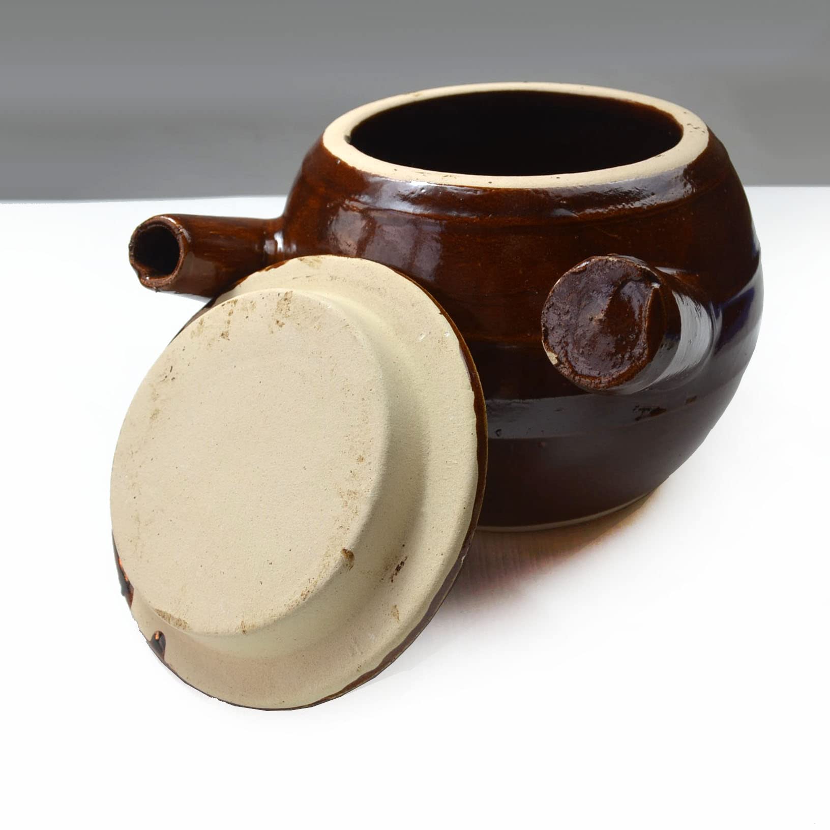 Cacerola de arcilla de 2400 ml, resistente al calor, hecha a mano, para servir con tapa, boquilla de sopa (todo marrón)