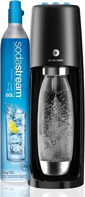 SodaStream Spirit One Touch Electric Sparkling Water Maker Machine includes a 1 Litre Reusable BPA Free Water Bottle for Carbonating and 60 L CO2 Gas Cylinder - Black