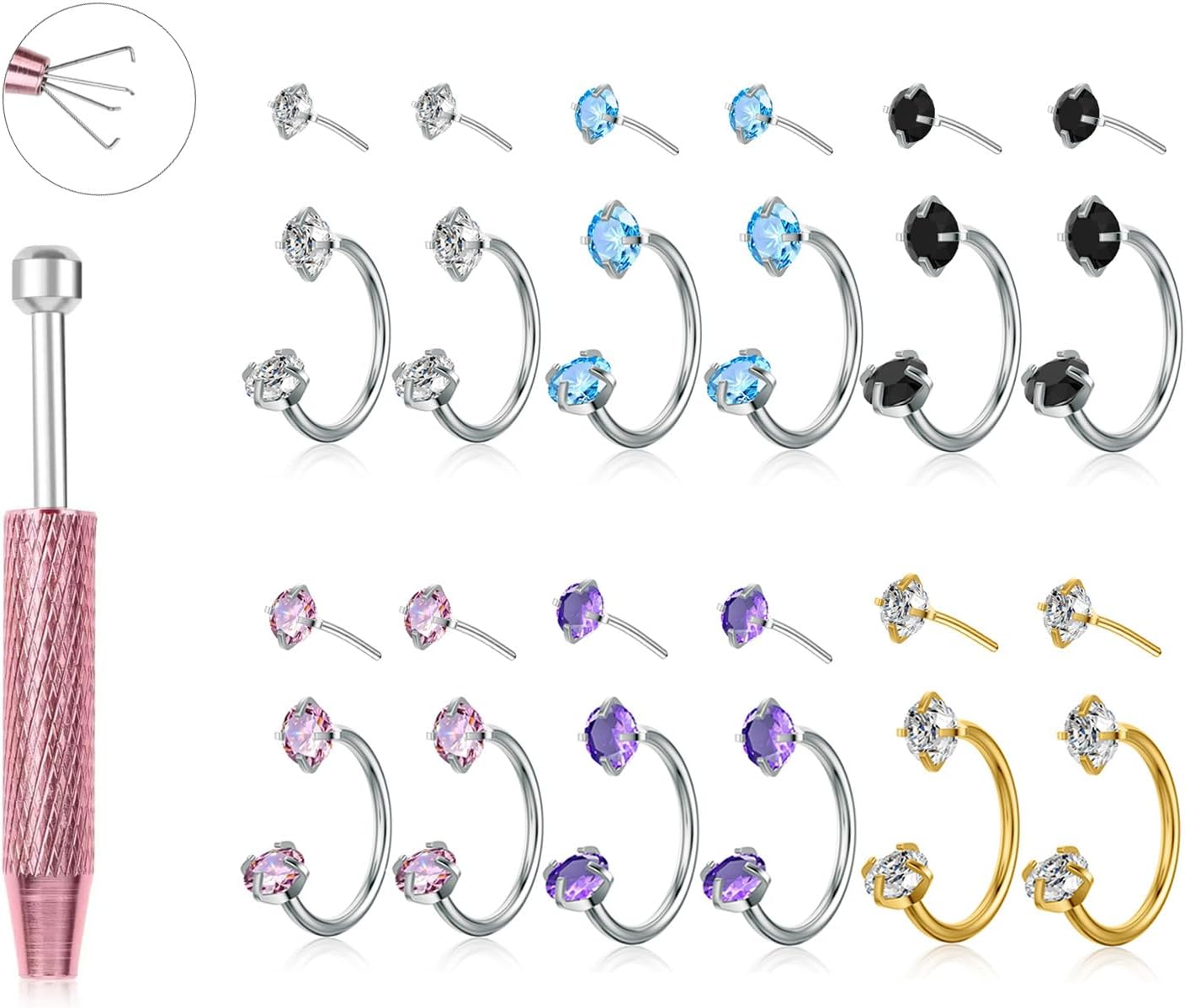 TOPBRIGHT 12PCS 316L Stainless Steel Horseshoe Nose Rings - 20G Threadless Push Pin Hoops with Double Cubic Zirconia for Women Men, Septum/Helix/Daith/Lip Piercing (7mm & 8mm)