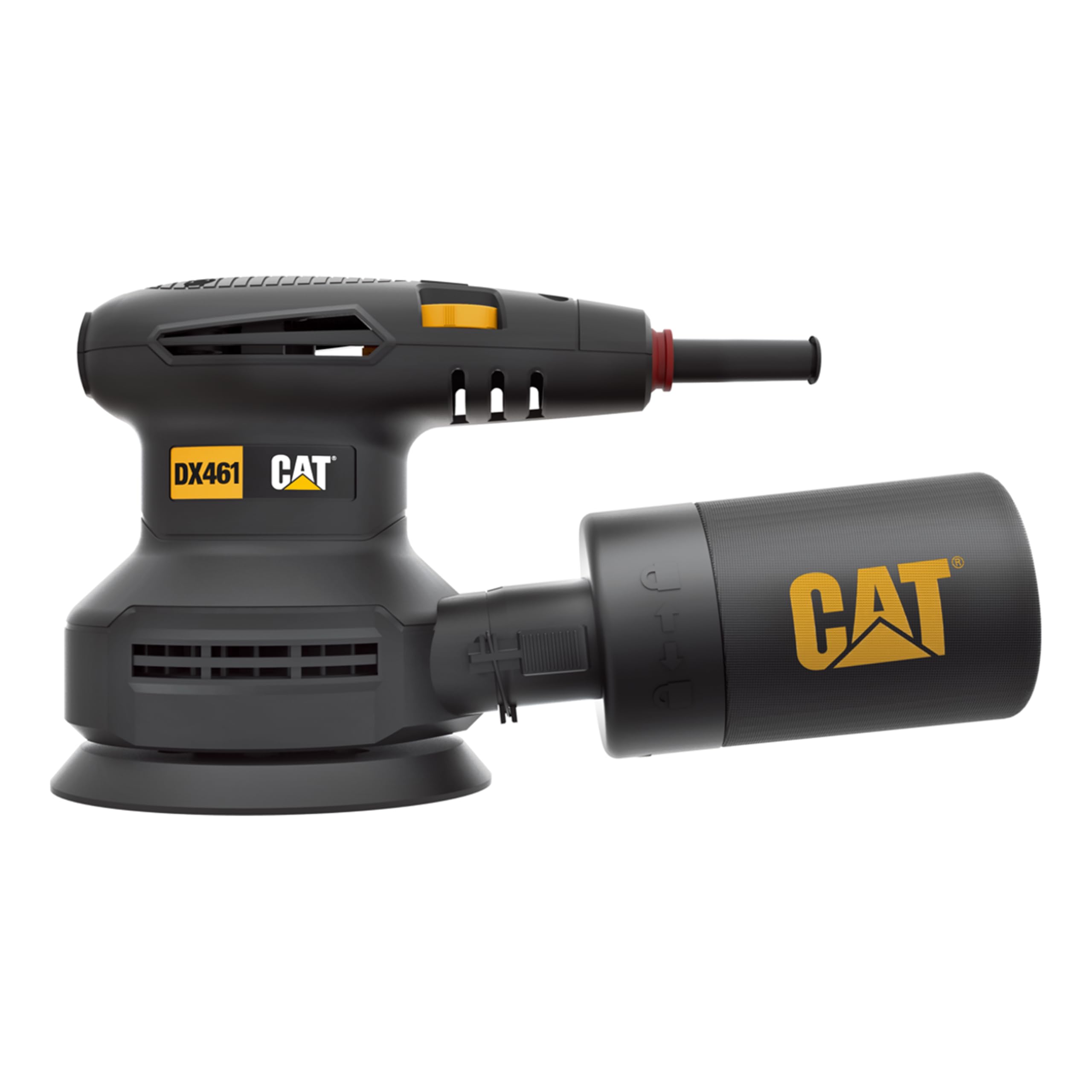 CAT DX461 Ponceuse excentrique 125 mm 400 W 5000-14000 tr/min Ø 2,5 mm (avec boîte à poussière cyclonique, vitesse variable et aspiration de la poussière)