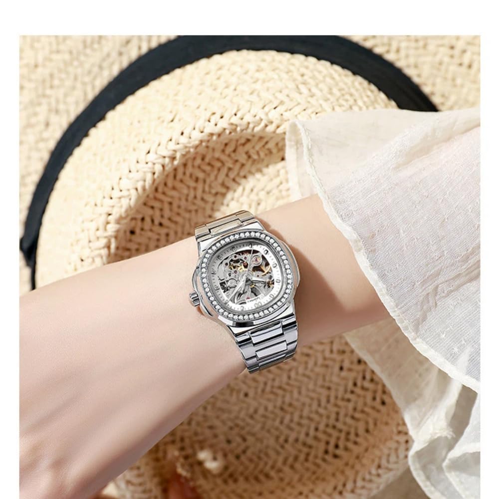 Damen Ausgehöhlte Skelett Vollautomatische Mechanische Uhr Mode Diamant eingelegte Lünette Uhr Leuchtende Wasserdicht Elegant Luxus Armbanduhr