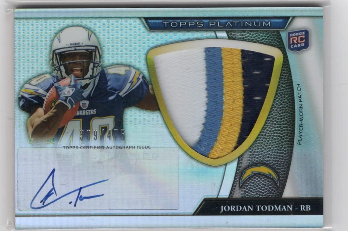 Jordan Todman Autographed & Serial Numbered #369/475 Rookie Tri Color Jumbo Patch Card Collectible Football Card - 2011 Topps Platinum Football Card #78 (Chargers)
