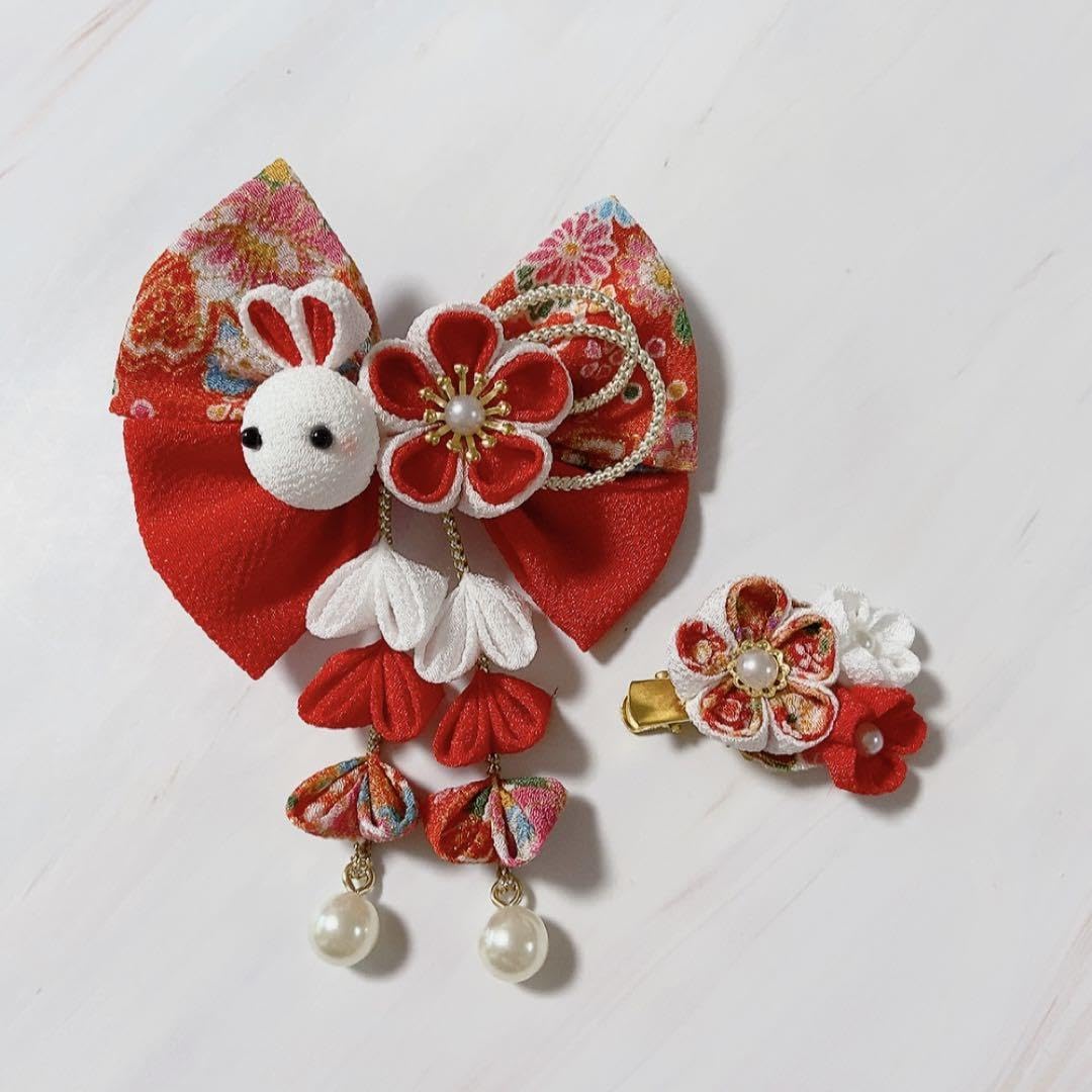 Amazon.co.jp: つまみ細工 髪飾り 七五三 ちりめん 和装 着物 赤  