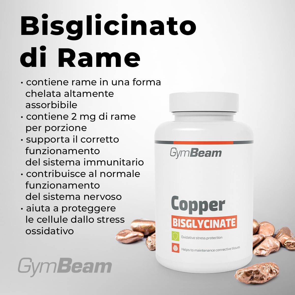 GymBeam Integratore di Rame - Bisglicinato di Rame ad alta assorbibilità, 1mg per Porzione, Sostiene Sistema Immunitario e Nervoso 120 Capsule