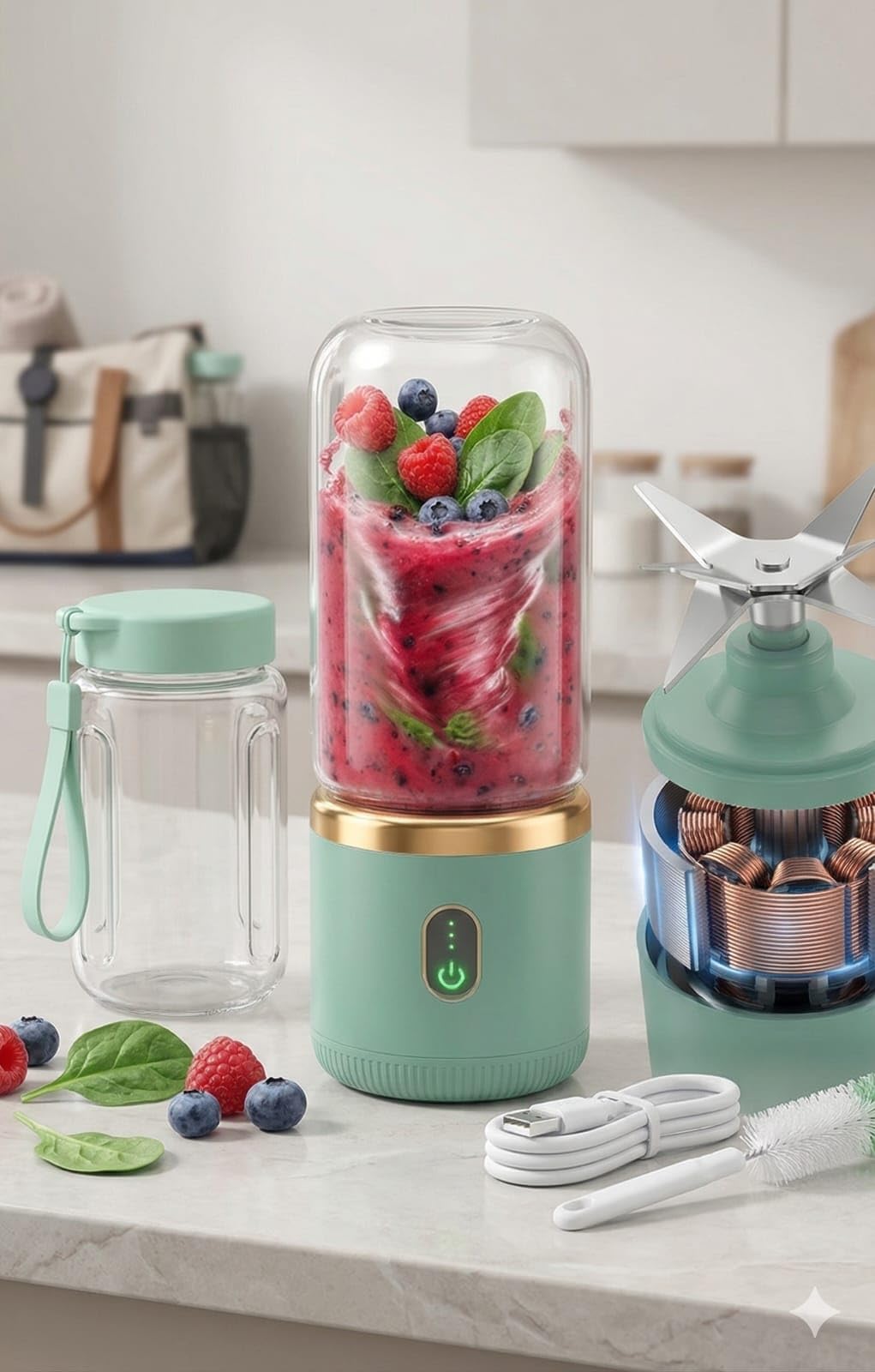 Portable Blender for Smoothies and Juices, USB Rechargeable Personal Juicer Mixer Grinder with 6 Stainless Steel Blades, Compact Design for Home & Gym Use, Blue with Copper Accent (MULTICOLOUR)-image-1